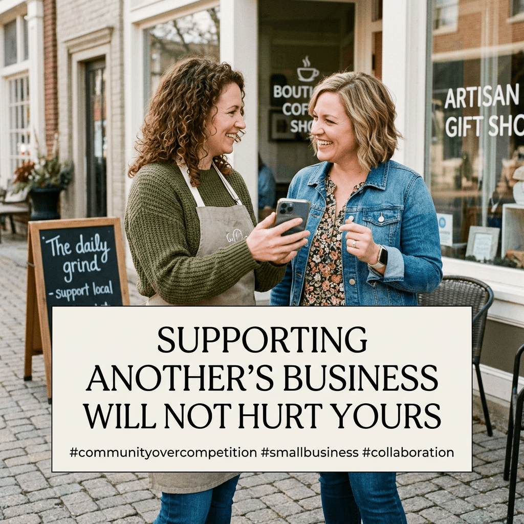 Two smiling women talking outside a local artisan gift shop with business support message overlay